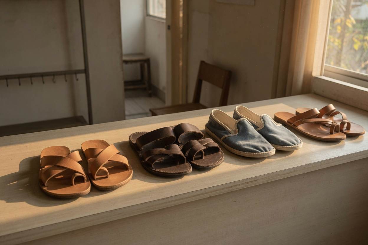 Sandals and canvas slip-ons on a pale wooden sill
